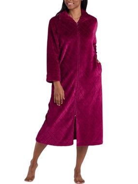 Miss Elaine Plush Zip Front Robe Wine Red S Fleece Lounge - NWT